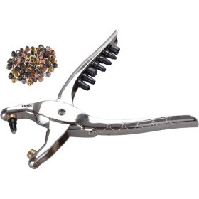   bőrlyukasztó klt.; fogó 225mm + 6 db lyukasztó fej: 2,5-3,0-3,5-4,0-4,5-5mm + 2 db szegecselő fej + 100 db szegecs