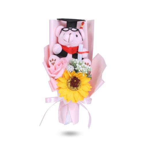 Műnövény dekoráció - napraforgó, macival - 14 x 10,5 x 26 cm