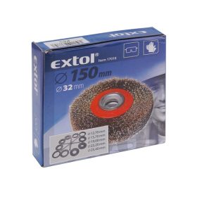   drótcsiszoló körkefe kettős köszörűre, 150mm, 32mm átm, műa. adapterek, hullámos szálú, rezezett acél