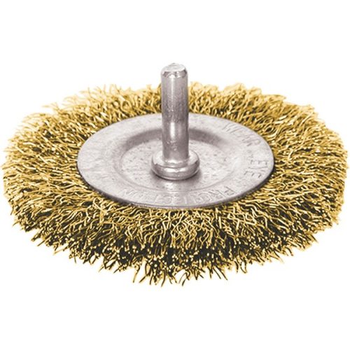 drótcsiszoló körkefe (fúrógéphez), száras, 50mm, 6mm csap, hullámos szálú, rezezett acél, max 7500 frod/perc