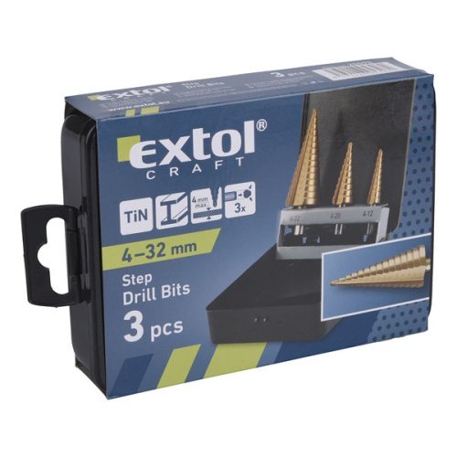 lépcsős fémfúró klt. 3db; (4-12mm/1mm lépcsők,4-20mm/2mm,4-32mm/2mm) befogás:10mm, max.4mm vastag anyagokhoz,TiN bevonat