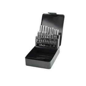   menetfúró klt., kézi, fém dobozban; 21db, M3,4,5,6,8,10,12, jó minőségű szénacél, hajtóvas nélkül