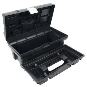   szerszámosláda, műanyag, alucsatos, tálcával, fekete, lakatolható; 16", 415×220×200mm,  rendező felül