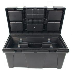   szerszámosláda, műanyag, alucsatos, tálcával, fekete, lakatolható; 20", 525×255×245mm, rendező felül
