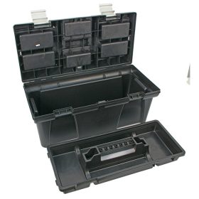  szerszámosláda, műanyag, alucsatos, tálcával, fekete, lakatolható; 20", 525×255×245mm, rendező felül