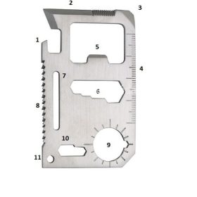   túlélő kártya, 11 funkciós, tokkal; 6,9×4,5×0,2cm, inox