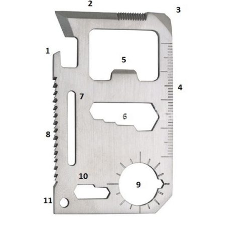 túlélő kártya, 11 funkciós, tokkal; 6,9×4,5×0,2cm, inox