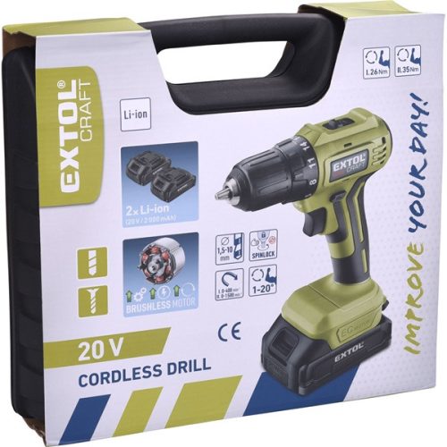 akkus fúrócsavarozó, Extol Craft, 20V, kefementes motor, kofferban; 2db 2000 mAh Li-ion akku + 1 db töltő