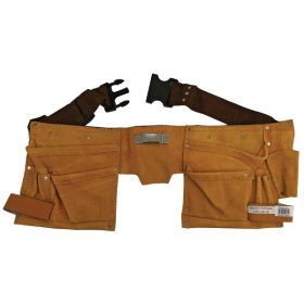   szerszámtartó öv, sok zsebes, hasított bőr; műanyag csattal