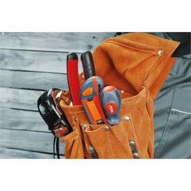 szerszámtáska ácsoknak, bőr, övre fűzhető; 5 zsebbel