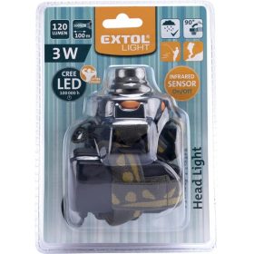   LED fejlámpa, 3 W, CREE XPE, 120 Lumen; IR szenzor, cseppálló, 3 funkció (teljes/fél fényerő, villogás), elem nélkül