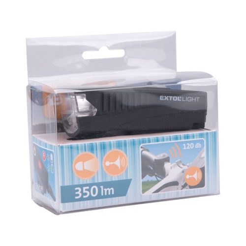 LED lámpa, kerékpár, első, fehér 5 W LED; 350 Lm, ABS ház, USB újratölthető beépített Li-ion akku, 1,2 Ah, duda