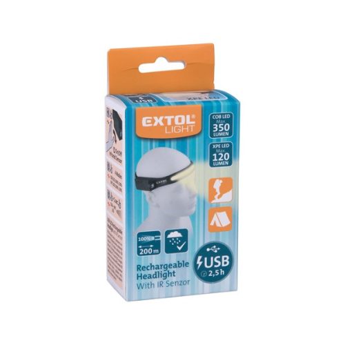 LED fejlámpa,COB+ XPE, 350 Lumen; IR szenzor, tölthető akkuval, 4+1 funkció