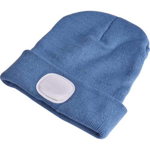 sapka, kék, kötött, kivehető LED homloklámpával, 4×45 Lumen; USB tölthető Li-ion akku, 3 funkció (100%-75%-50% fényerő)