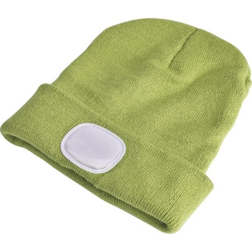 sapka, zöld, kötött, kivehető LED homloklámpával, 4×45 Lumen; USB tölthető Li-ion akku, 3 funkció (100%-75%-50% fényerő)