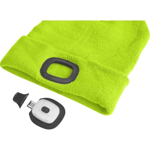 sapka, sárga, kötött, kivehető LED homloklámpával, 4×45 Lumen; USB tölthető Li-ion akku, 3 funkció (100%-75%-50% fénye.)