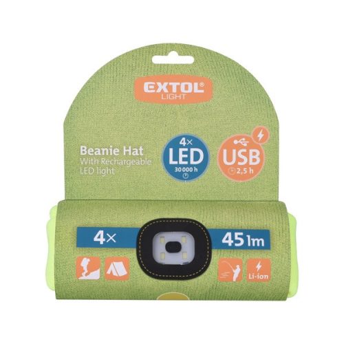 sapka, sárga, kötött, kivehető LED homloklámpával, 4×45 Lumen; USB tölthető Li-ion akku, 3 funkció (100%-75%-50% fénye.)