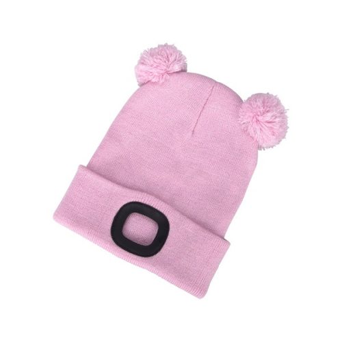 sapka, gyerek, rózsaszín, kötött, kivehető LED homloklámpával, 4×25 Lumen; USB tölthető Li-ion, 3funkció (100%-75%-50%)