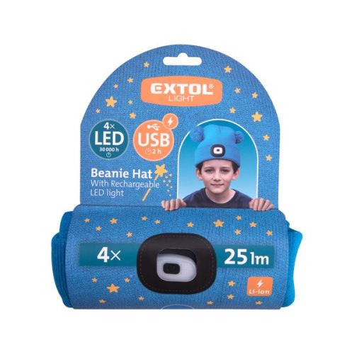 sapka, gyerek, kék, kötött, kivehető LED homloklámpával, 4×25 Lumen; USB tölthető Li-ion, 3funkció (100%-75%-50%)