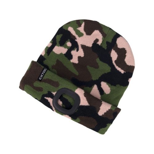 sapka, terepszínű, kötött, kivehető LED homloklámpával, 4×45 Lumen; USB tölthető Li-ion, 3funkció (100%-75%-50%)