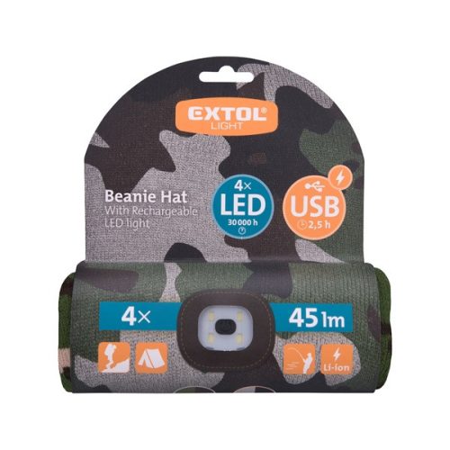 sapka, terepszínű, kötött, kivehető LED homloklámpával, 4×45 Lumen; USB tölthető Li-ion, 3funkció (100%-75%-50%)