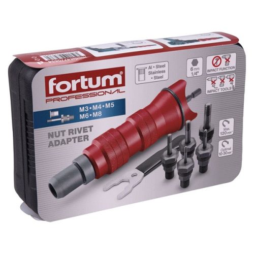 adapter klt. fúrógéphez, POP-NUT szegecsanyákhoz, 6 db, M3-M4-M5-M6-M8; 1/4" hatszög befogás,  FORTUM
