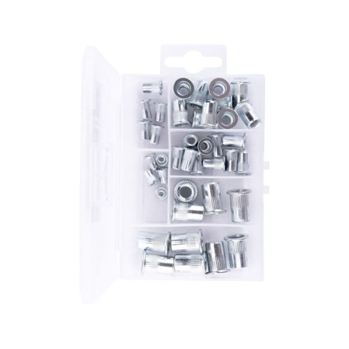 szegecsanya klt. 40 db, M3-M8, POP-NUT, horganyzott acél, kerek, nyitott, lapos peremű, rovátkolt FORTUM