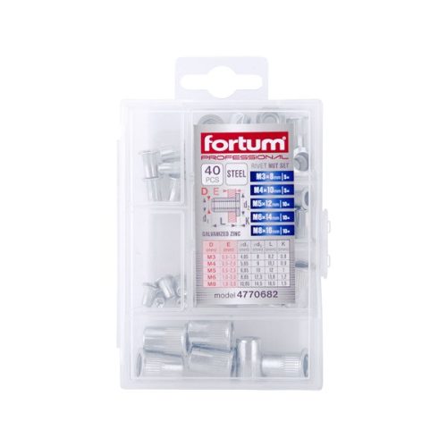 szegecsanya klt. 40 db, M3-M8, POP-NUT, horganyzott acél, kerek, nyitott, lapos peremű, rovátkolt FORTUM
