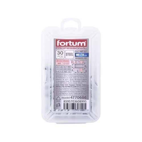 szegecsanya klt. 30 db, M6, POP-NUT, horganyzott acél, kerek, nyitott, lapos peremű, rovátkolt FORTUM