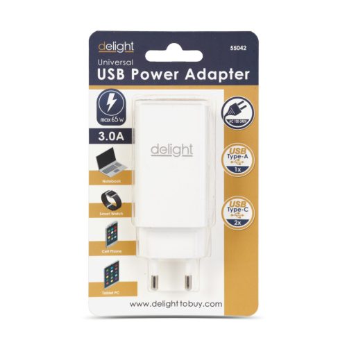 Hálózati Adapter - USB-A 20W + Type-C PD45W gyorstöltéssel - fehér
