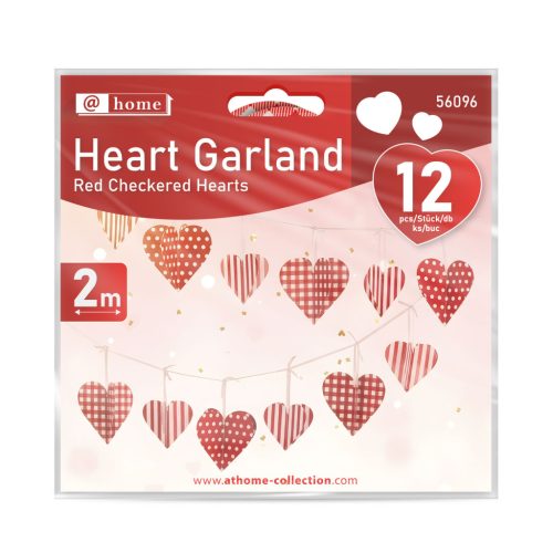 Girland - papír - piros kockás szívek - 2 m