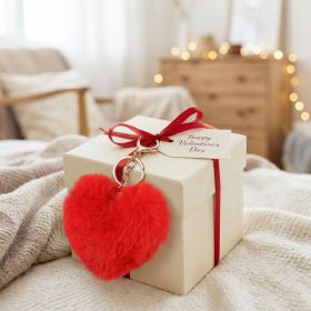 Kulcstartó - szív alakú - plüss, piros - 13 x 10 cm