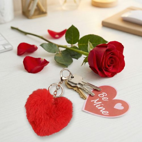Kulcstartó - szív alakú - plüss, piros - 13 x 10 cm