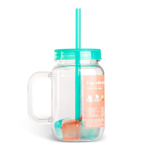 Szívószálas pohár - zöld - 4 db hűthető jégkockával, 550ml,  17 x 7.5 x 13.5 cm