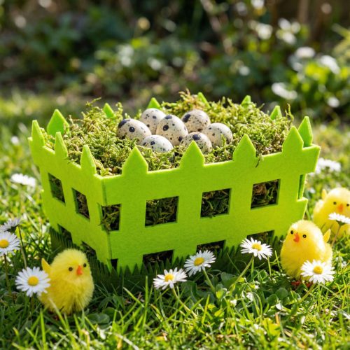 Húsvéti dekoráció - filc kosár - kerítés forma -  19,5 x 13,2 x 11,7 cm 