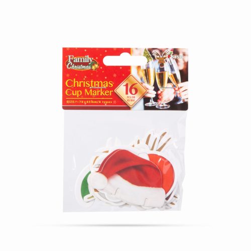Karácsonyi pohárjelölő dekoráció - 8 féle - 16 db / csomag
