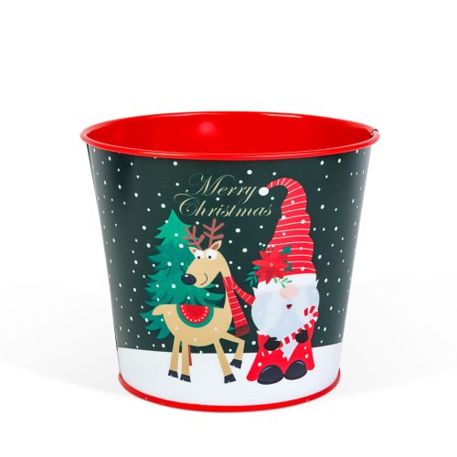 Karácsonyi dekoráció - fém kaspó, vödör - Manó - 13 x 11 cm