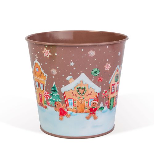 Karácsonyi dekoráció - fém kaspó, vödör - Mézeskalács - 13 x 11 cm