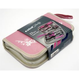   szerszámkészlet, 23db, 1/4"; Extol Lady, rózsaszín, 4 dugófej (6-12mm), fogók, csavarhúzó markolat, mérőszalag, BIT-ek