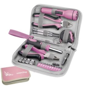   szerszámkészlet, 23db, 1/4"; Extol Lady, rózsaszín, 4 dugófej (6-12mm), fogók, csavarhúzó markolat, mérőszalag, BIT-ek