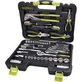   szerszámkészlet, 65db, 1/4"+3/8" CV.; dugókulcsok, racsnis kar, fogók, csavarhúzók, villás kulcsok, BIT-ek