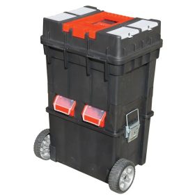   szerszámosláda  kerekes, profi erős, műanyag 495×350×712mm, fémcsatos, tálcával, fekete, lakatolható