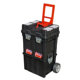   szerszámosláda  kerekes, profi erős, műanyag 495×350×712mm, fémcsatos, tálcával, fekete, lakatolható