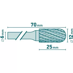   keményfém turbómaró (rotormaró), hengeres, kerek orrú, átmérő 12×25mm/szár 6mm, keresztfogazás