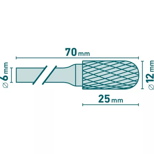 keményfém turbómaró (rotormaró), hengeres, kerek orrú, átmérő 12×25mm/szár 6mm, keresztfogazás