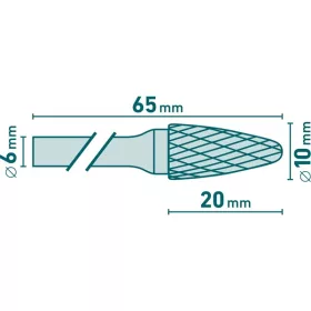   keményfém turbómaró (rotormaró), íves, kerek orrú, átmérő 10×20mm/szár 6mm, keresztfogazás