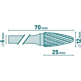   keményfém turbómaró (rotormaró), íves, kerek orrú, átmérő 12×25mm/szár 6mm, keresztfogazás