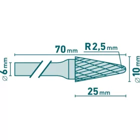   keményfém turbómaró (rotormaró), kúpos, kerek orrú, átmérő 10×25mm/szár 6mm, keresztfogazás