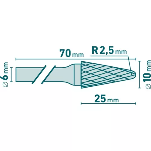 keményfém turbómaró (rotormaró), kúpos, kerek orrú, átmérő 10×25mm/szár 6mm, keresztfogazás