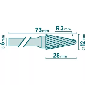   keményfém turbómaró (rotormaró), kúpos, kerek orrú, átmérő 12×28mm/szár 6mm, keresztfogazás